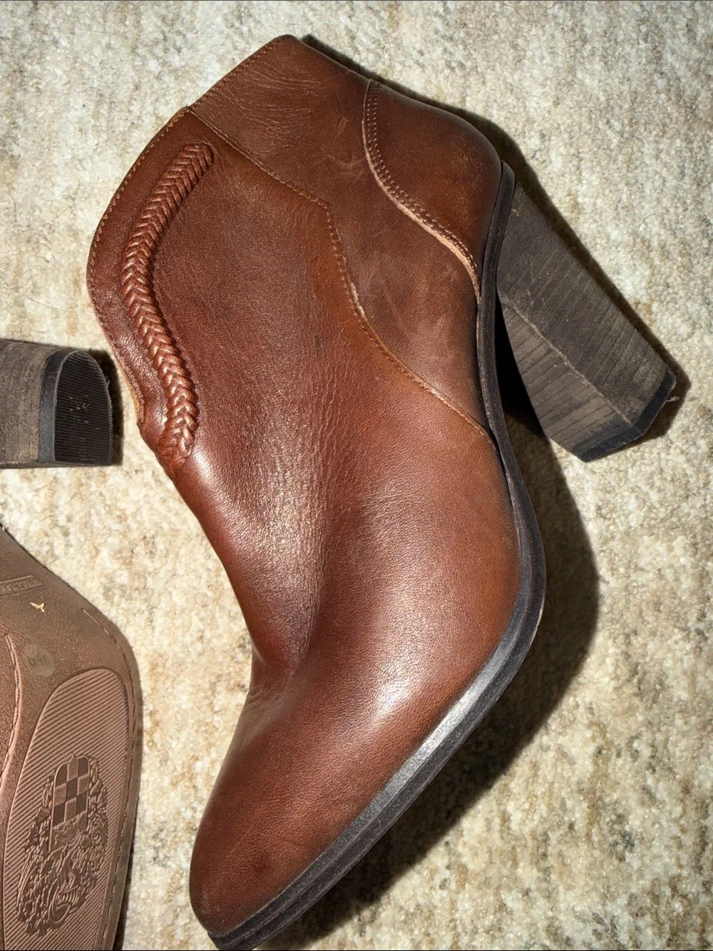 Vince Camuto Cognac Brown Leather Ankle Booties with Stacked Heel